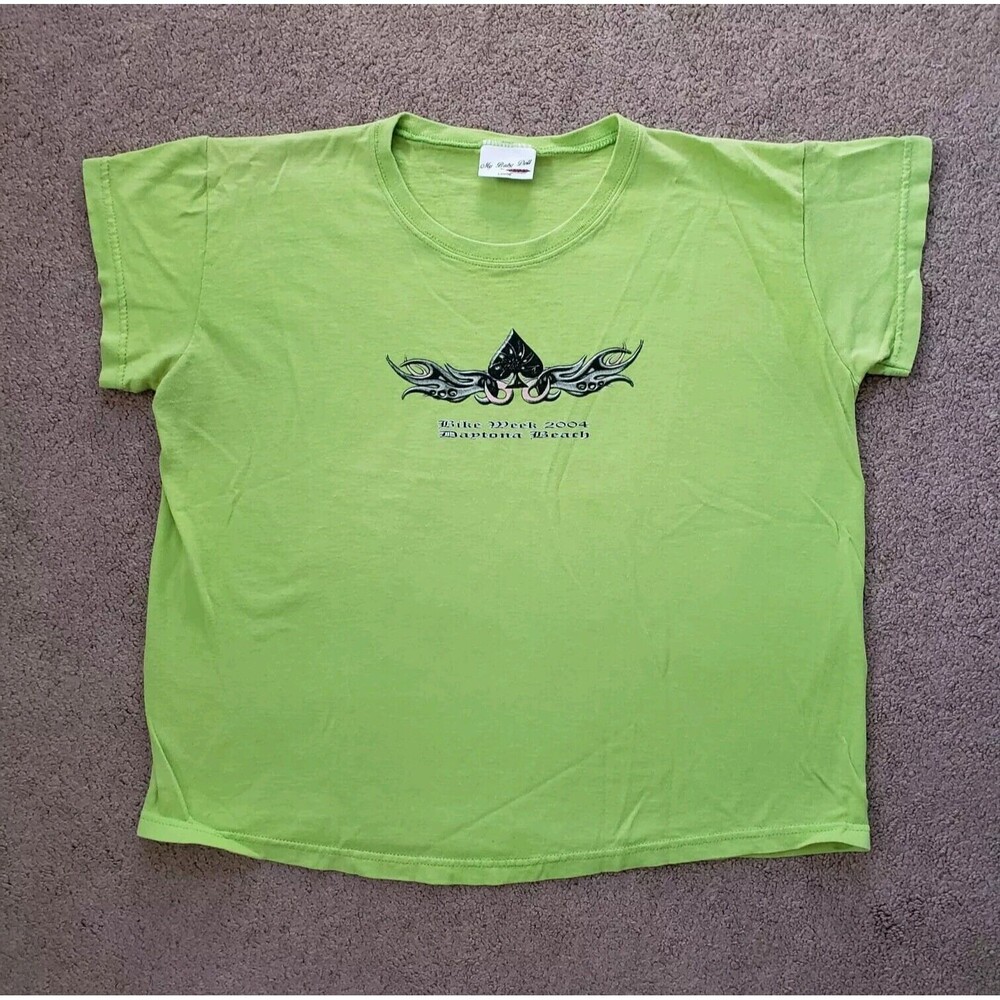 Vintage Y2k Motorcycle T-shirt Bike Week Daytona Beach 2004 Sz Large Green Lime